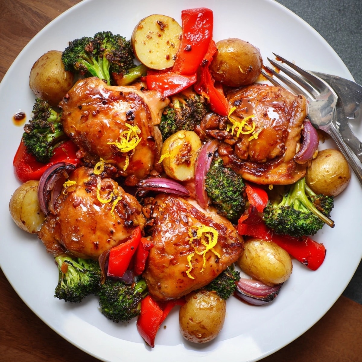 Honey Lemon Roasted Chicken Sheet Pan with golden potatoes and vibrant roasted vegetables on parchment.