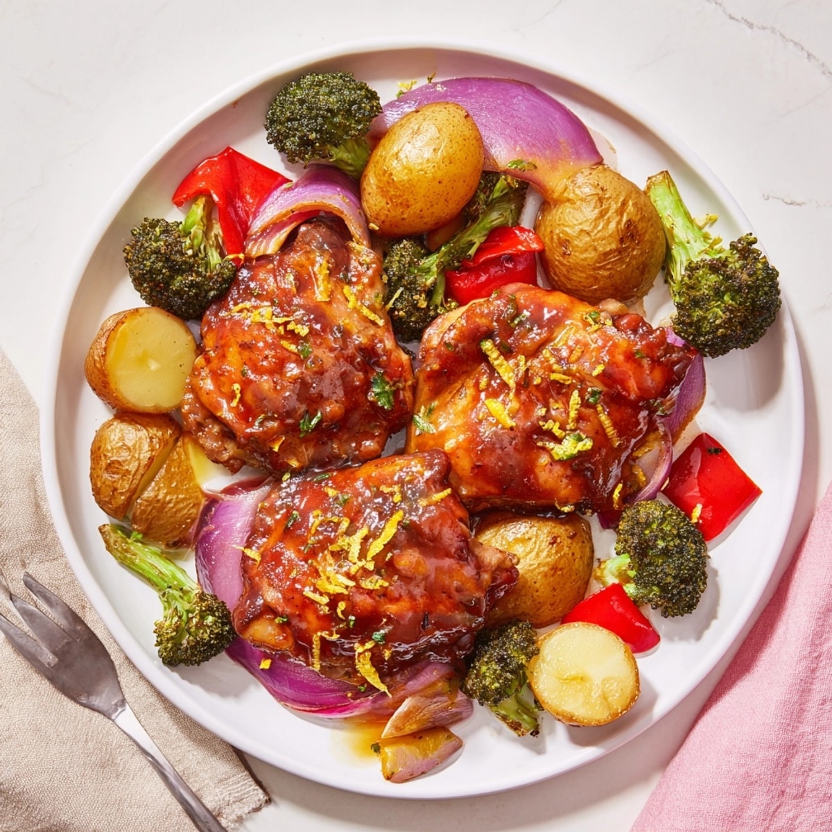 Sheet pan loaded with Honey Lemon Roasted Chicken thighs, broccoli, and bell pepper for easy weeknight meal.