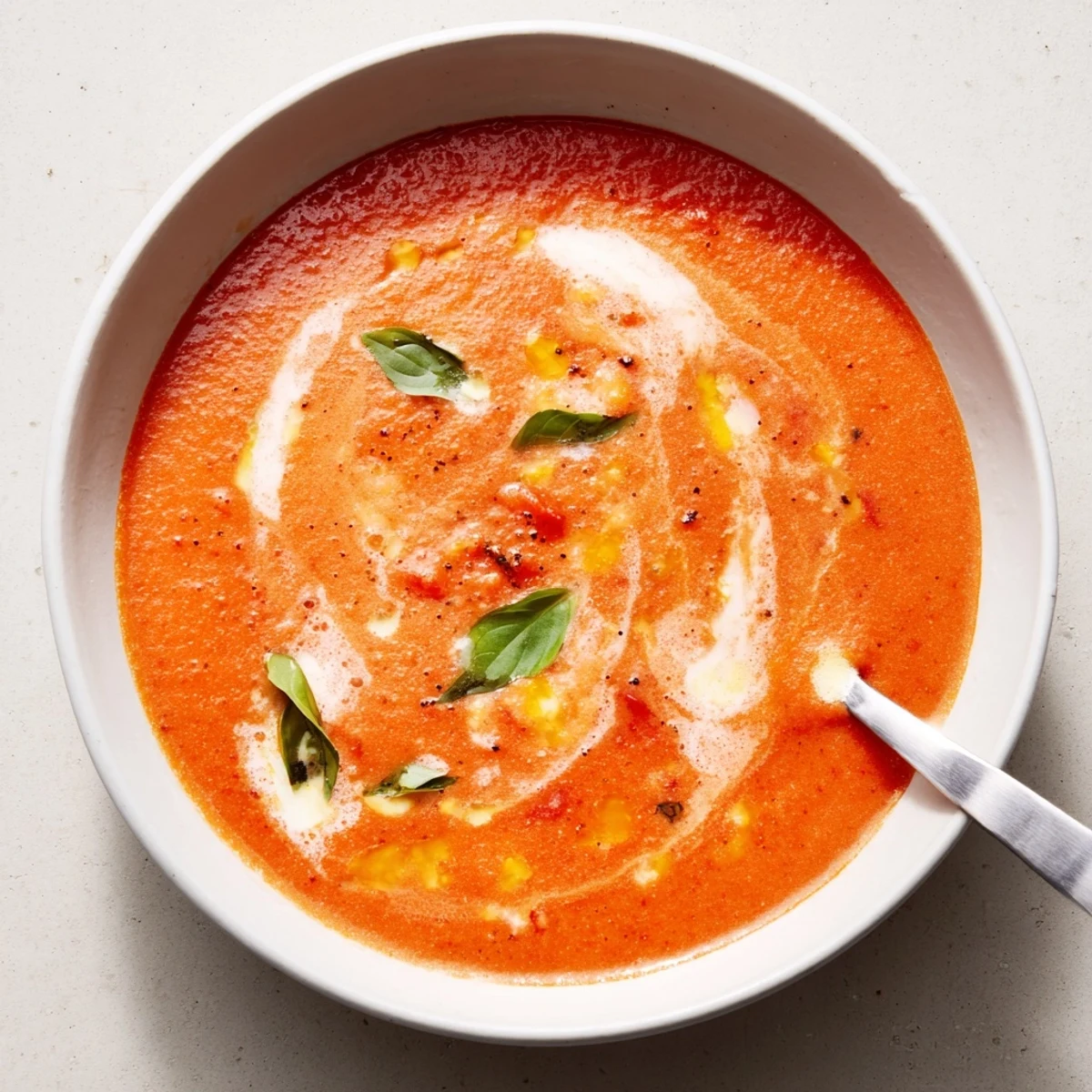 A steaming bowl of creamy tomato and basil soup, garnished with fresh basil leaves.