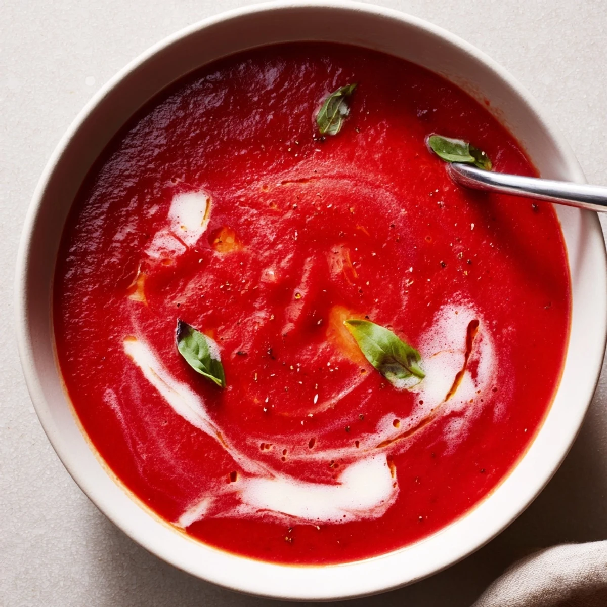 Enjoy a comforting bowl of warm, rich tomato basil soup, perfect for cold evenings.