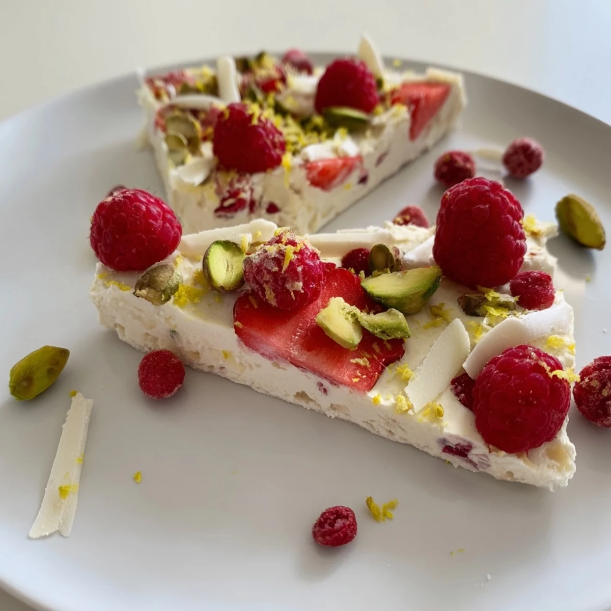 Vibrant red berries adorn this gorgeous Frozen Yogurt Bark, a refreshing dessert, perfect on a hot day.