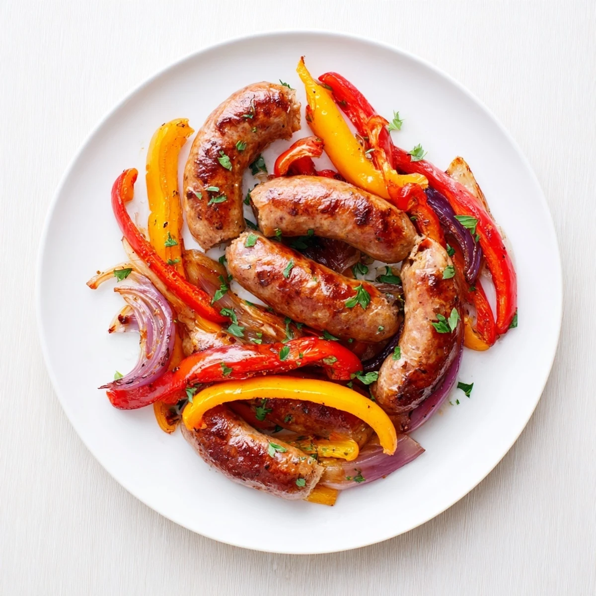 Golden-brown Italian sausage, peppers, and onions roasted on a sheet pan, ready for a flavorful dinner.