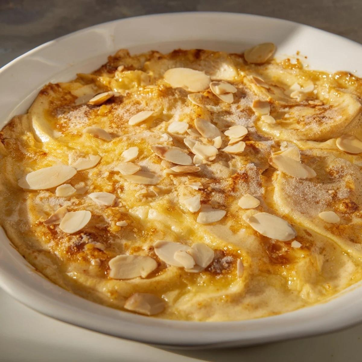 Golden Rustic Crustless Apple Pie, a sweet and simple dessert filled with juicy baked apples.