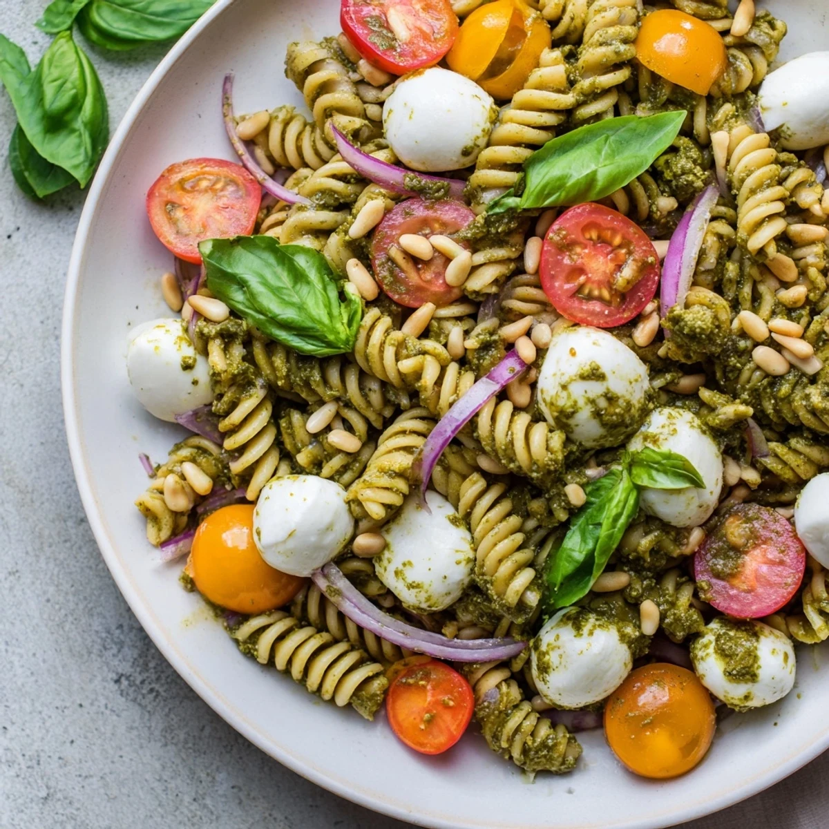 Vibrant cold pasta salad with pesto, mozzarella, and cherry tomatoes, ready for a delicious Italian lunch.
