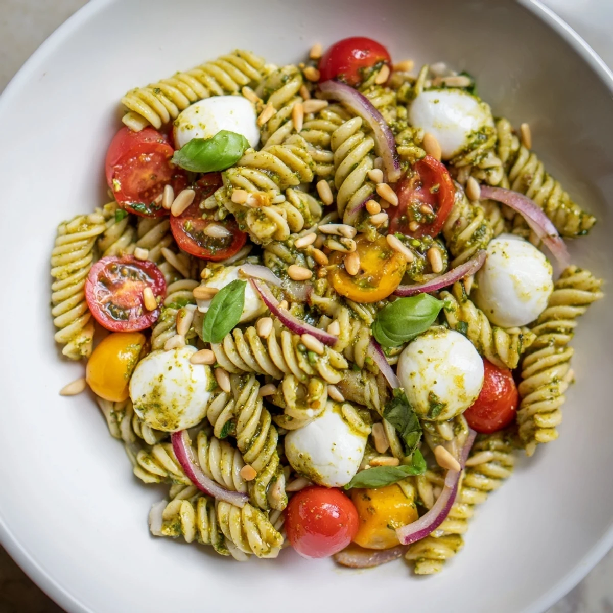 Bright, flavorful cold pasta salad; the pesto, mozzarella, and tomatoes are so appealing.