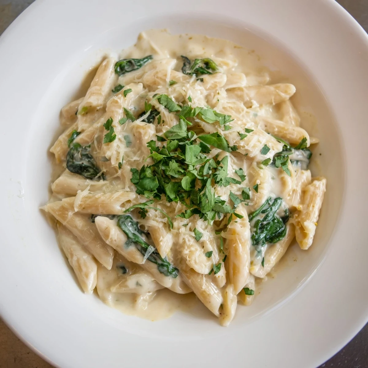 Vibrant image of the Magic Casserole: creamy spinach pasta, bubbling in a Dutch oven after cooking.