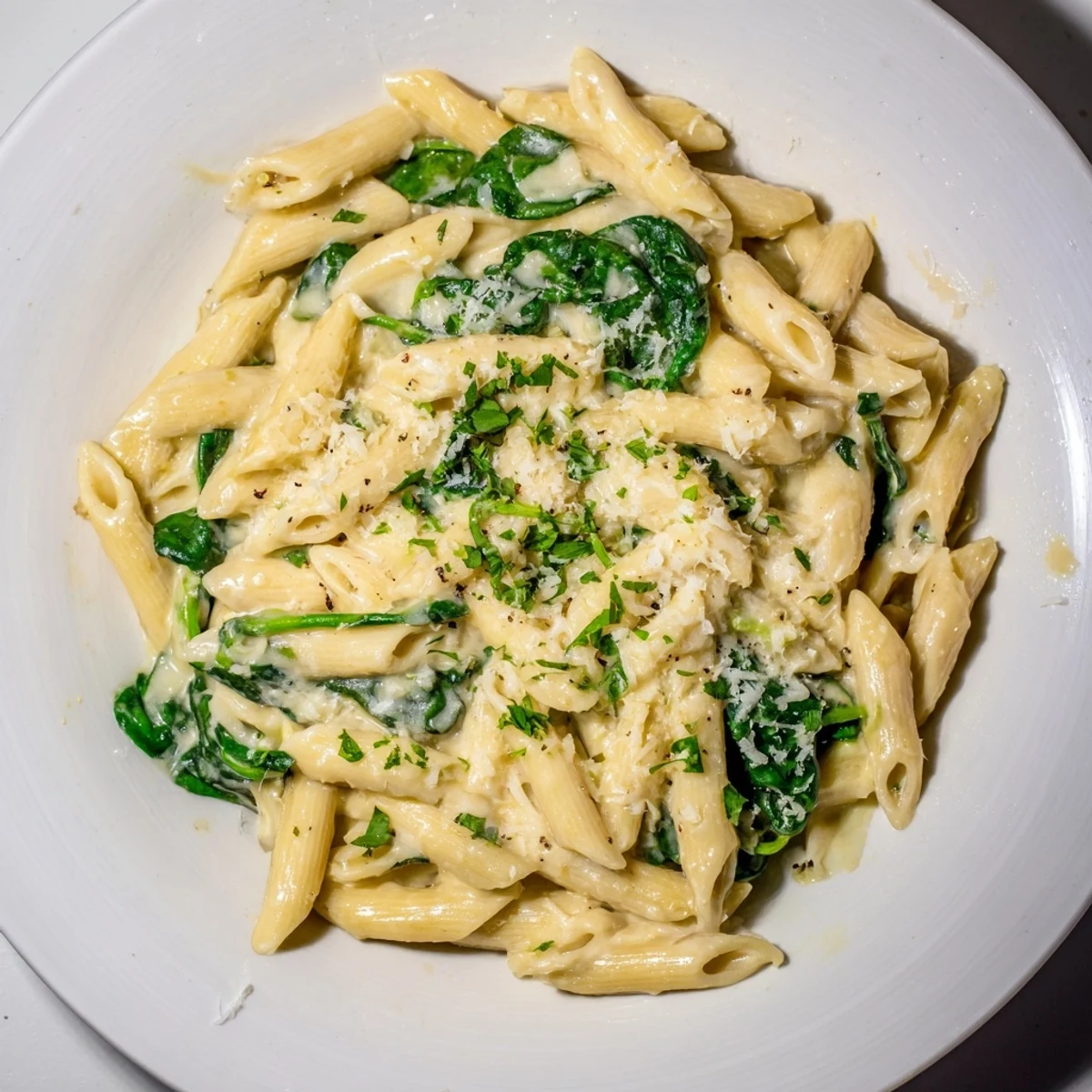 A steaming bowl of Magic Casserole with spinach and pasta, ready to enjoy for dinner.