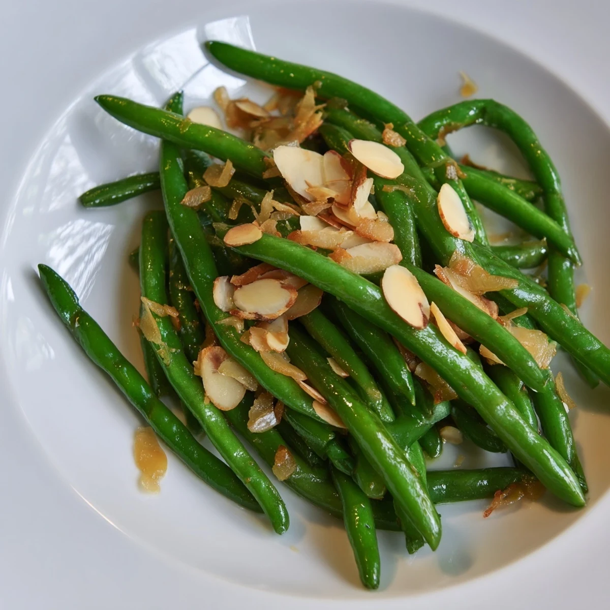 Garlic-infused Sautéed Green Beans, a simple side with crunchy almonds, ready to serve and enjoy.