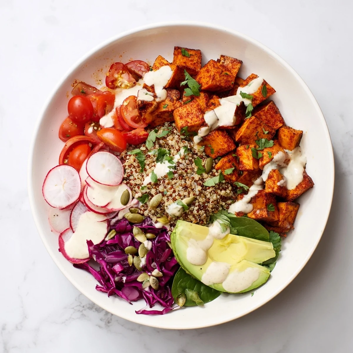 A delicious Complete Veggie Bowl featuring roasted sweet potatoes, quinoa, and creamy tahini dressing.