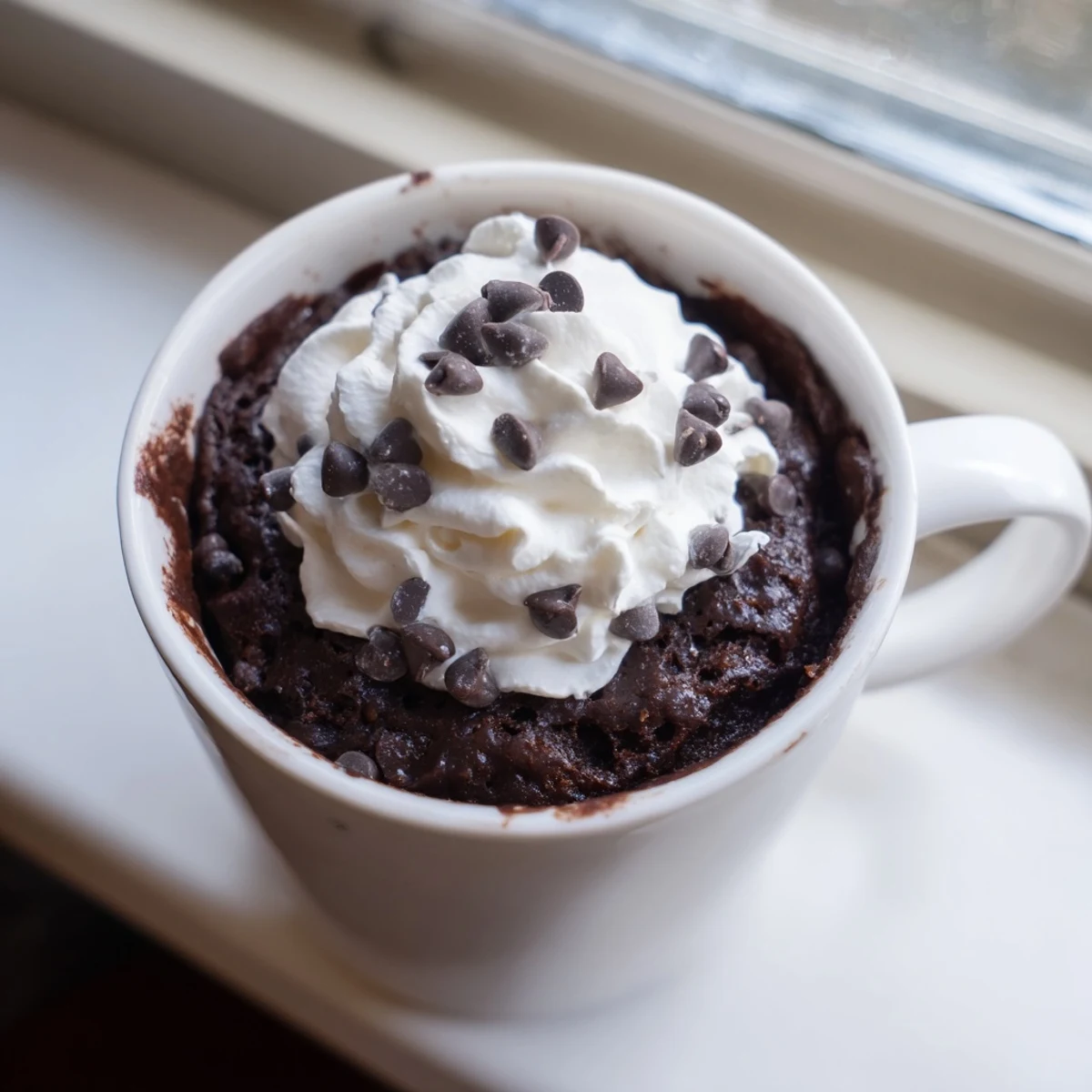 Steaming chocolate mug cake, swirled with melted chocolate, ready for a quick and easy dessert.