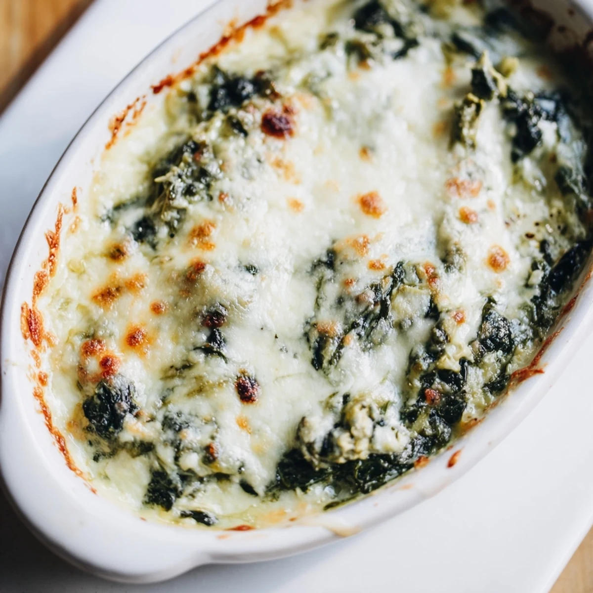 A bubbly, golden Warm Spinach and Artichoke Dip, perfect for dipping crusty bread or crackers.