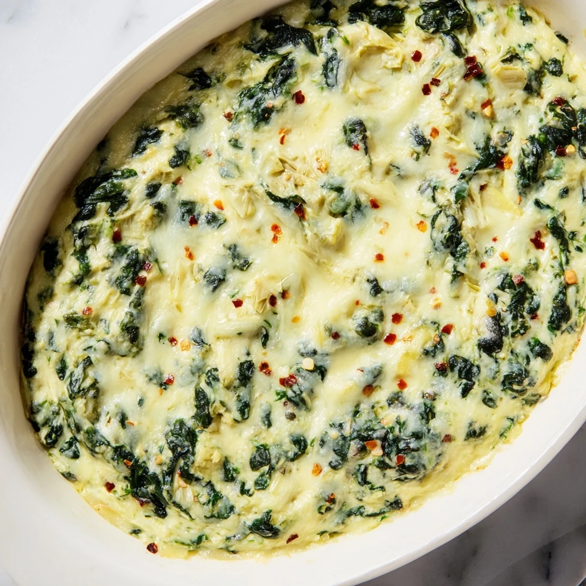 Warm Spinach and Artichoke Dip, a comforting appetizer with visible spinach and artichoke pieces.