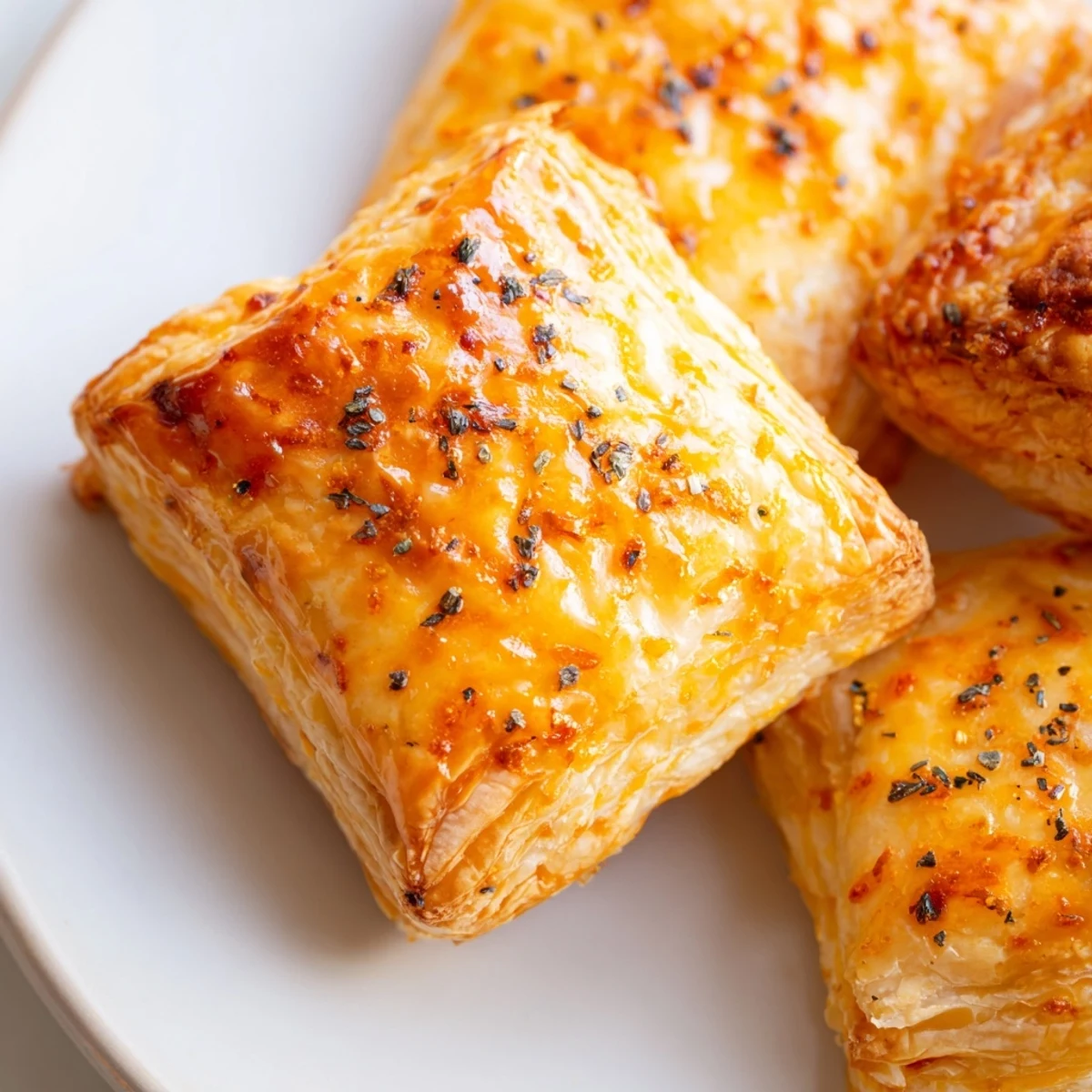 Mouthwatering image of flaky cheese and spice puff pastry bites, fresh from the oven, served warm.
