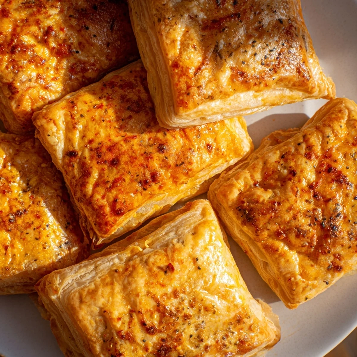 Up-close shot of beautifully baked cheese and spice puff pastry bites, perfect for sharing at a party.