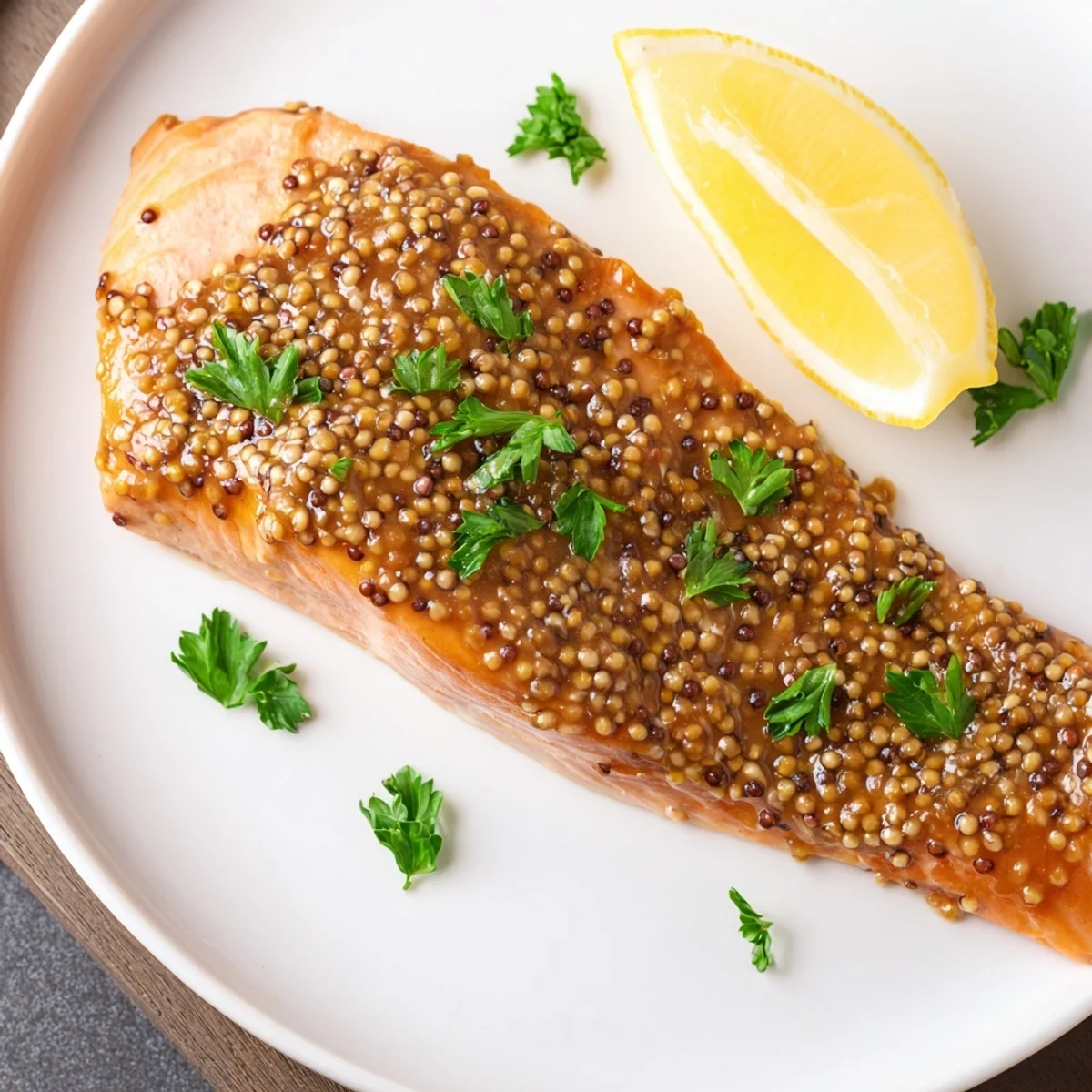 Golden, glazed Honey Mustard Salmon, flaking perfectly with a fork, ready for serving with lemon wedges.