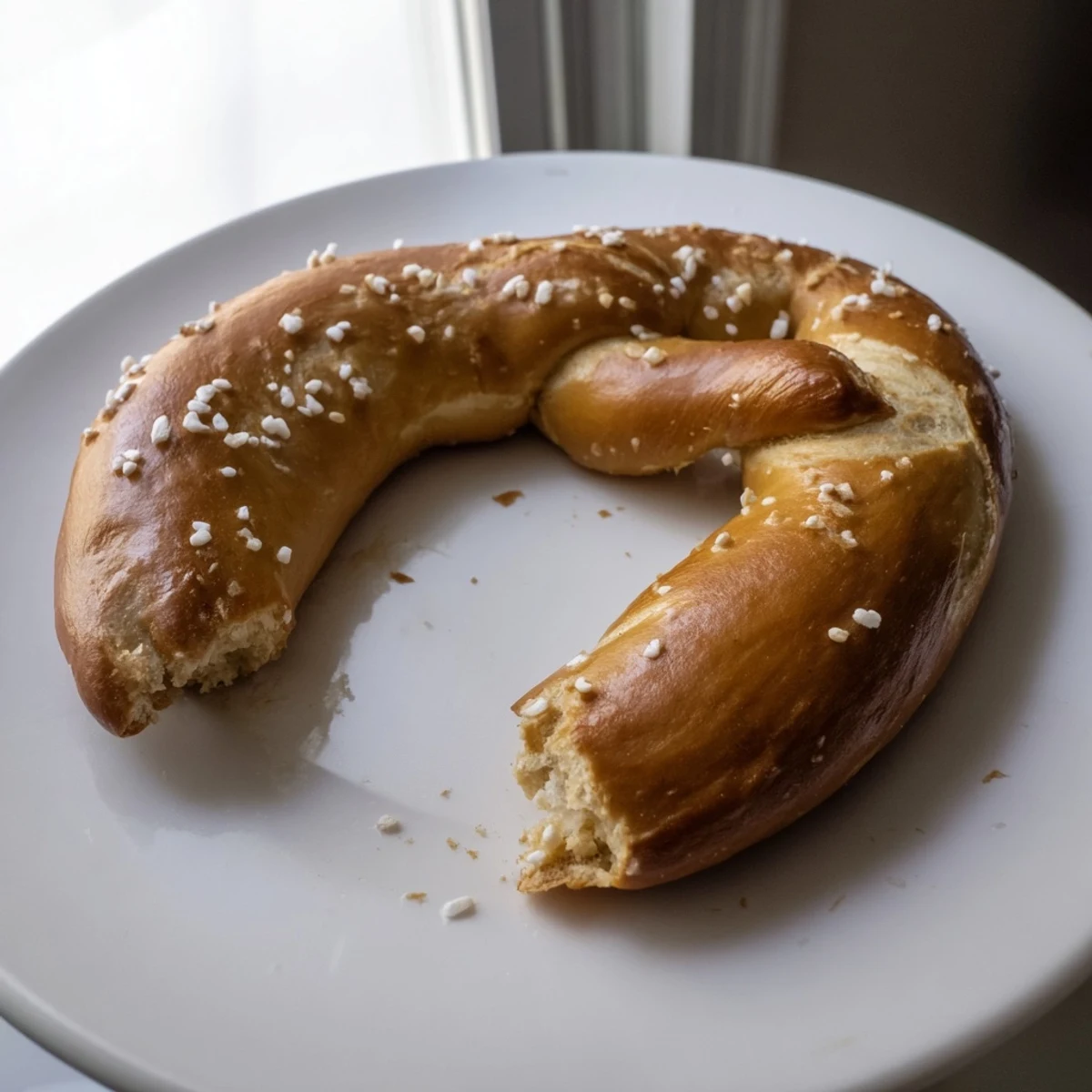 Freshly baked, golden-brown Homemade Soft Pretzels with coarse salt, perfect for snacking.
