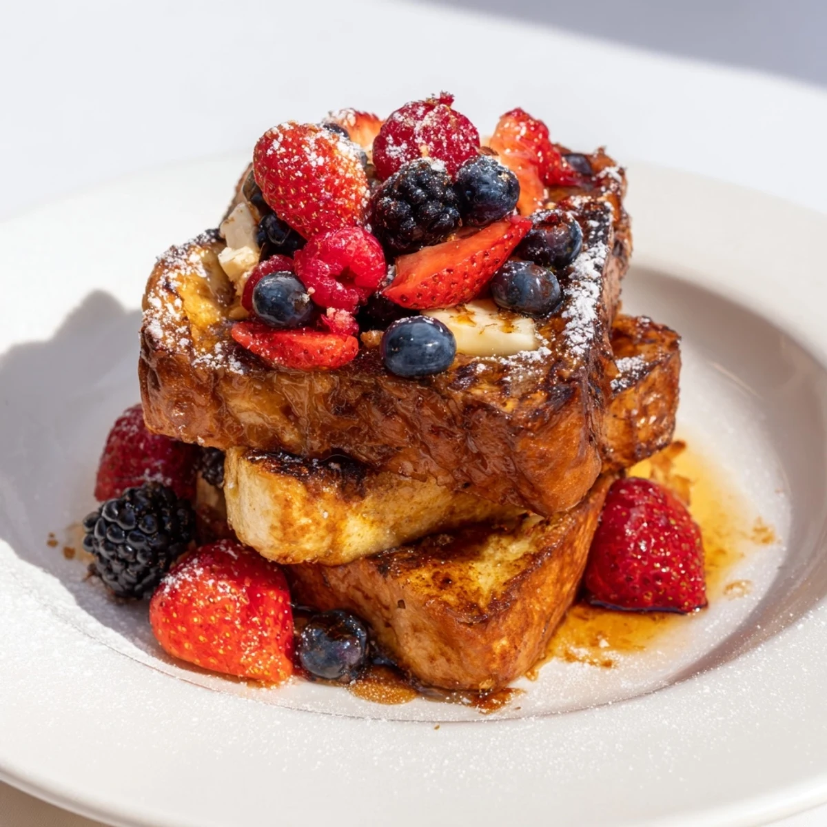 Fluffy French toast with berries, cooked golden brown, drizzled with maple syrup for breakfast.