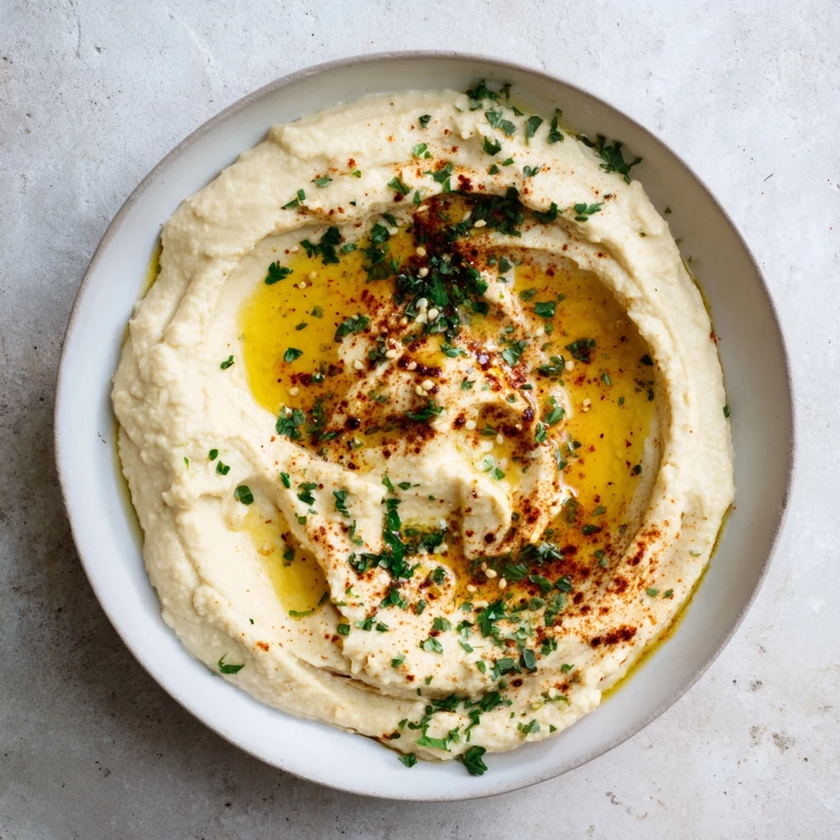 Creamy Perfect 5-Minute Homemade Hummus, drizzled with olive oil and sprinkled with paprika, ready to serve.