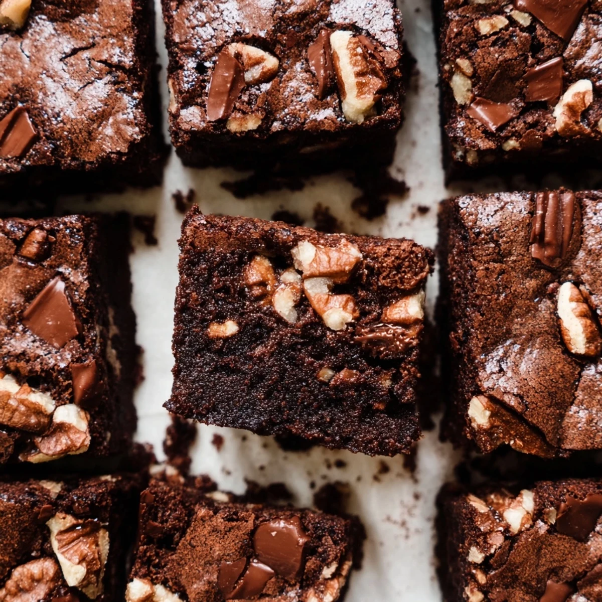 Freshly baked, chewy fudgy walnut brownies, a classic American treat served in squares.