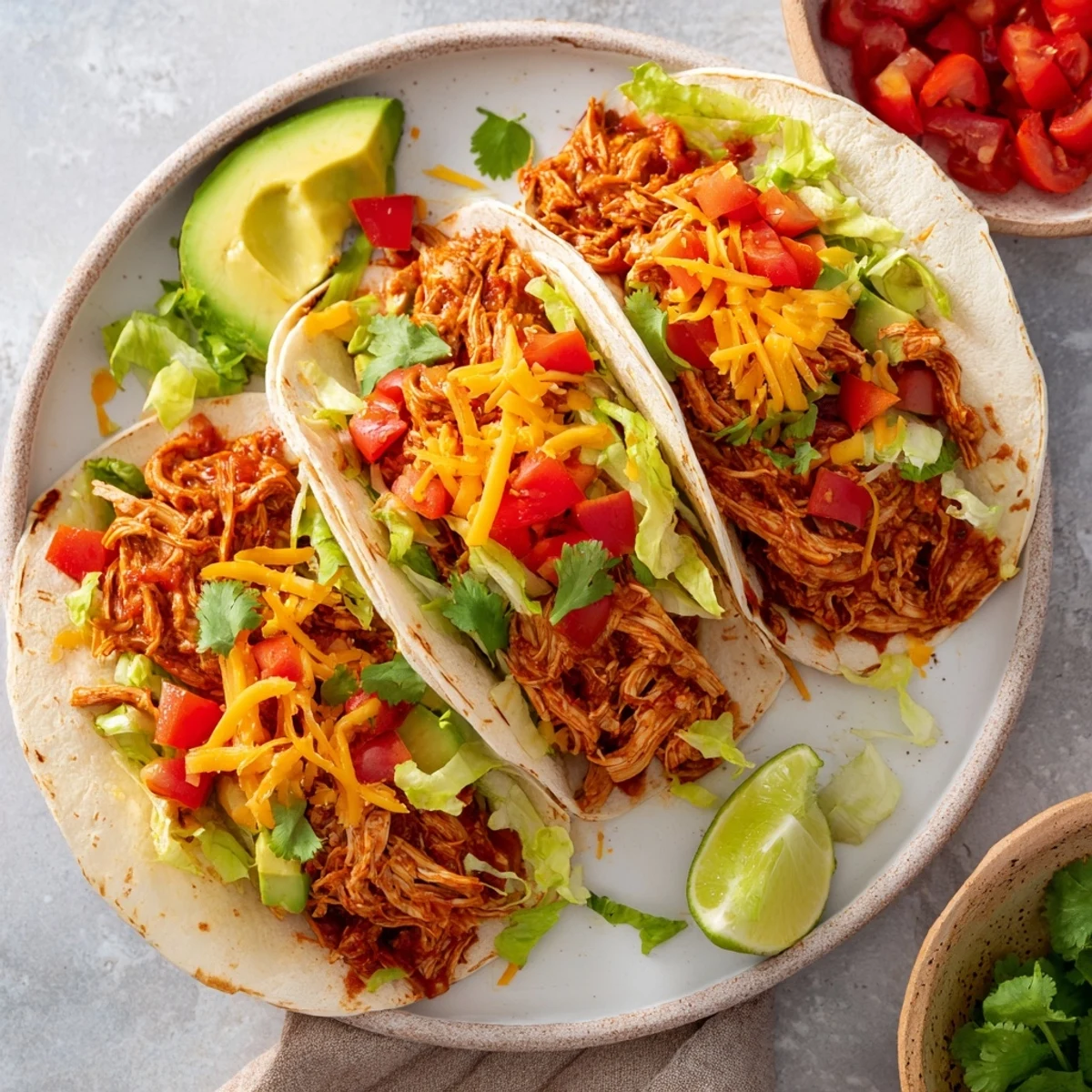 Slow cooker shredded chicken tacos, juicy and flavorful, ready to be piled high with your favorite toppings.