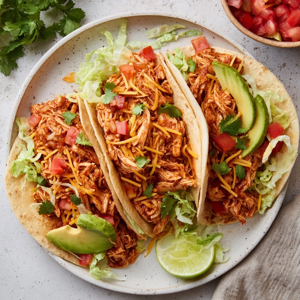 Delicious slow cooker shredded chicken tacos, served in warm tortillas and garnished with fresh cilantro and lime wedges.