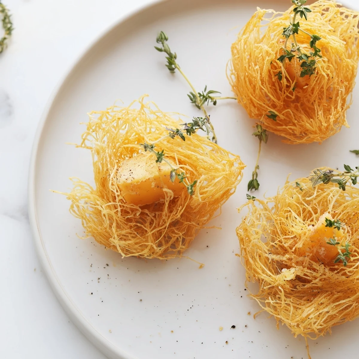 Golden, crispy phyllo nests topped with rustic farmhouse cheeses: perfect Rustic Barnyard appetizer.