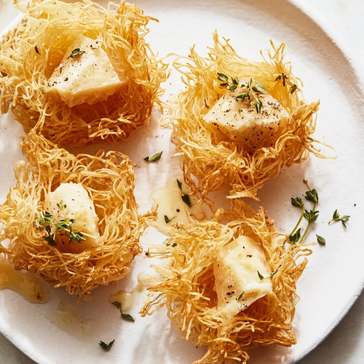 A delicious Rustic Barnyard appetizer with golden phyllo hay, showcasing assorted farmhouse cheese wedges.