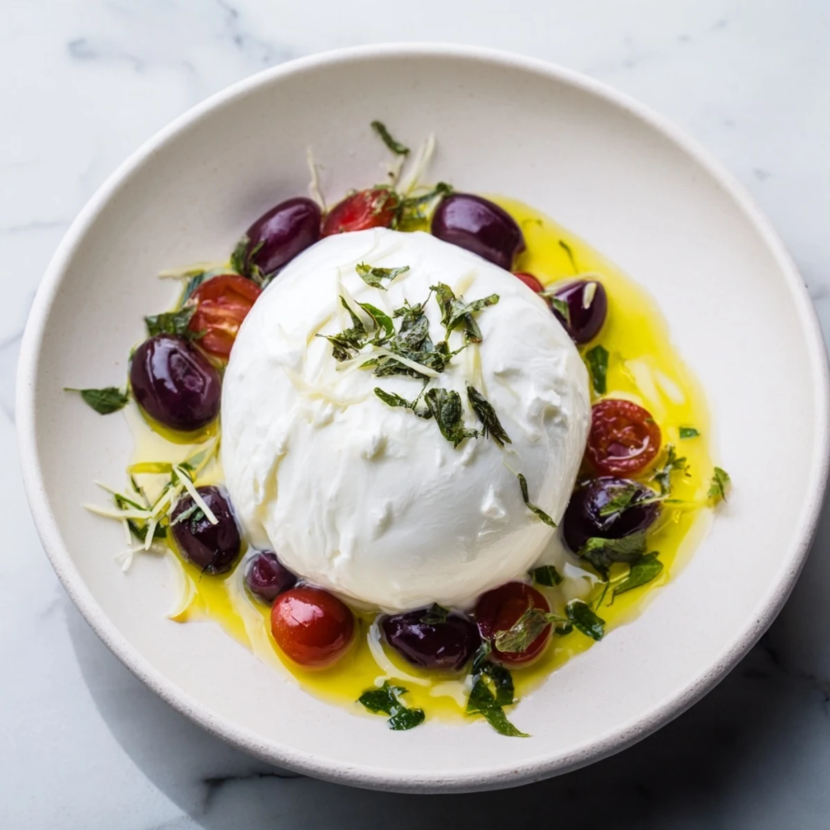 Fresh, jewel-toned blueberries and grapes surround creamy burrata in The Moonlit Lagoon salad.