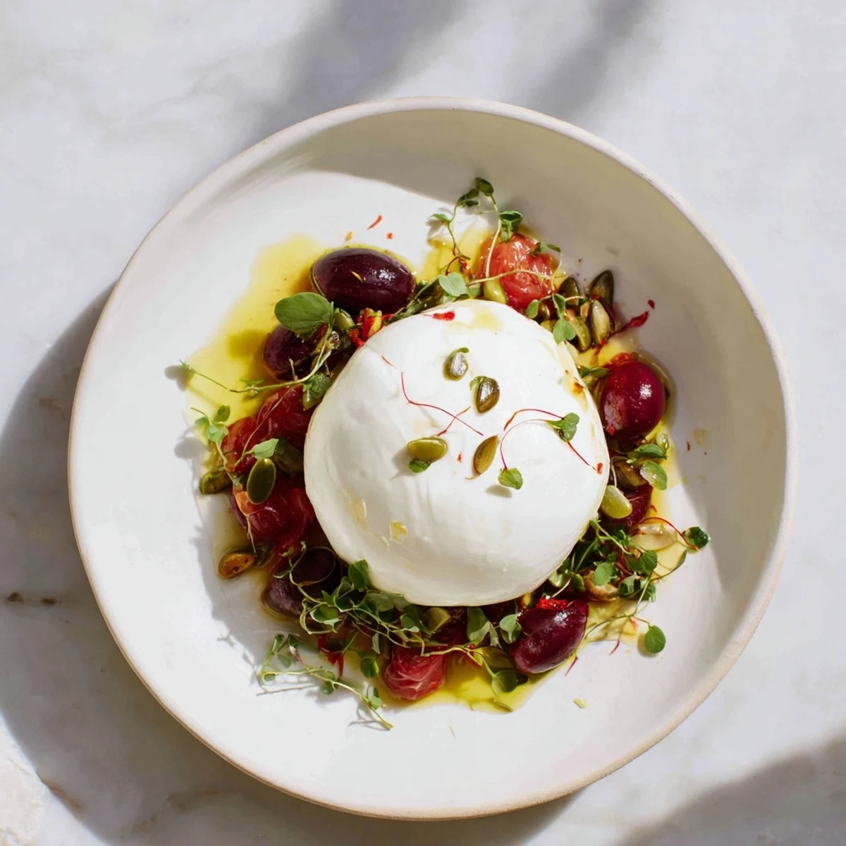 The Moonlit Lagoon salad features a cloud-like burrata cheese moon with glistening balsamic glaze.