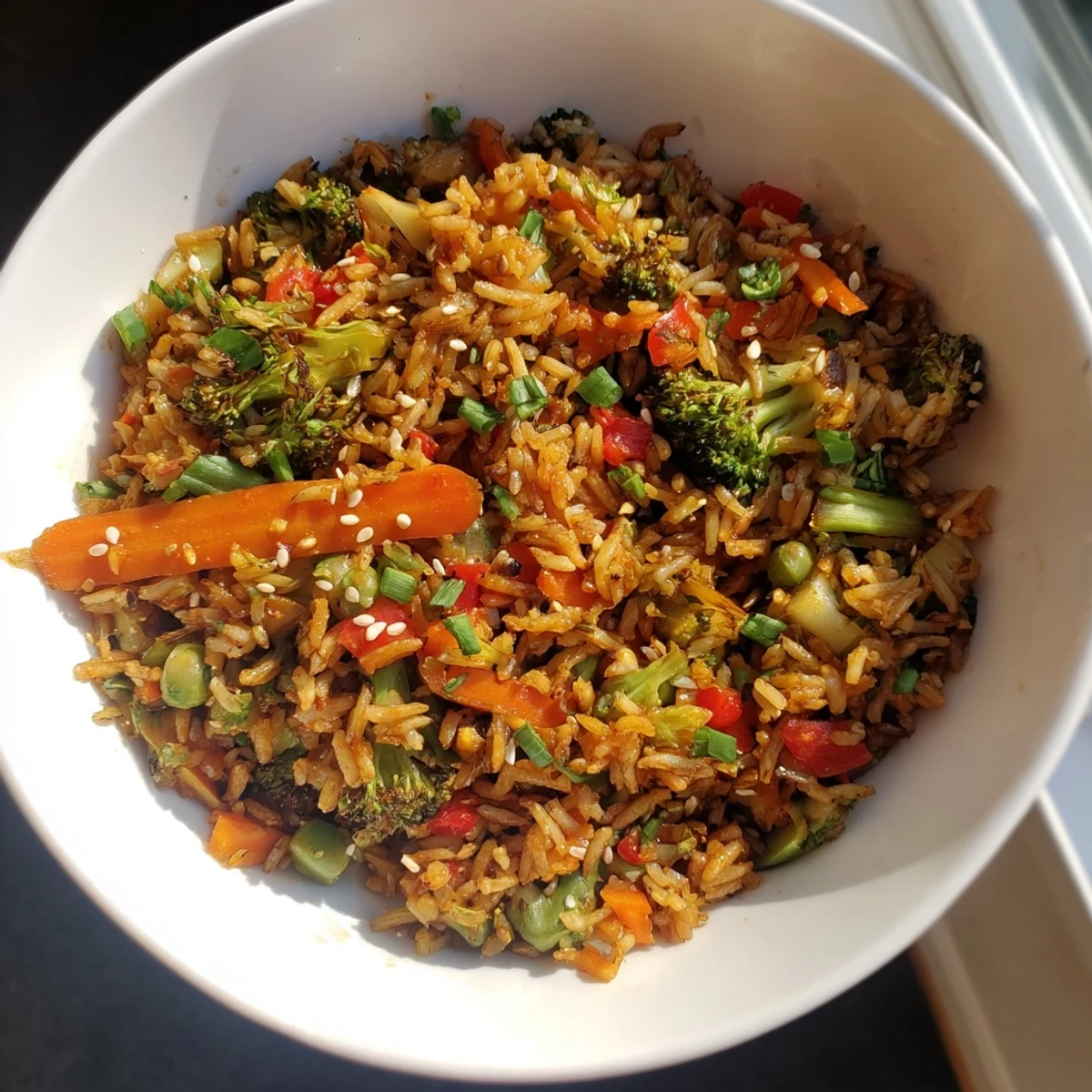 Golden, crispy Crispy Vegetable Fried Rice Bowls, brimming with colorful veggies and savory sauce, make an easy weeknight meal.