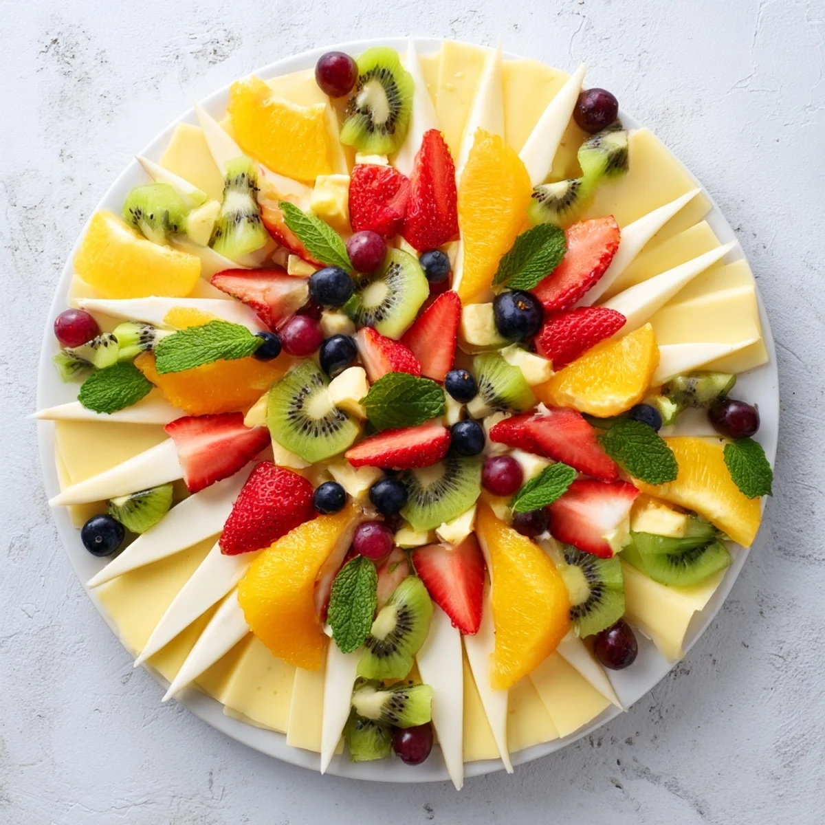 Vibrant Kaleidoscope Circle platter showcasing colorful fruit and cheese wedges, perfect for sharing.