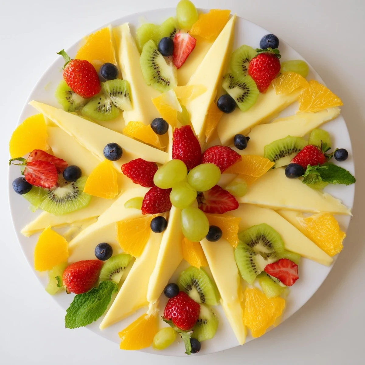 Elegant view of the Kaleidoscope Circle: a show-stopping platter with a medley of fruits and cheeses.