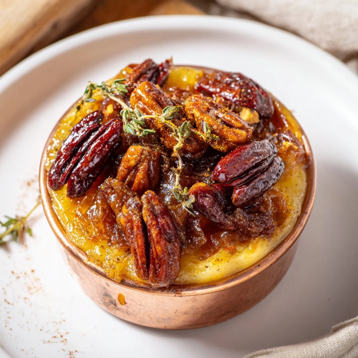 Copper Kettle appetizer, with a glistening mix of caramelized onions, dates and toasted pecans.