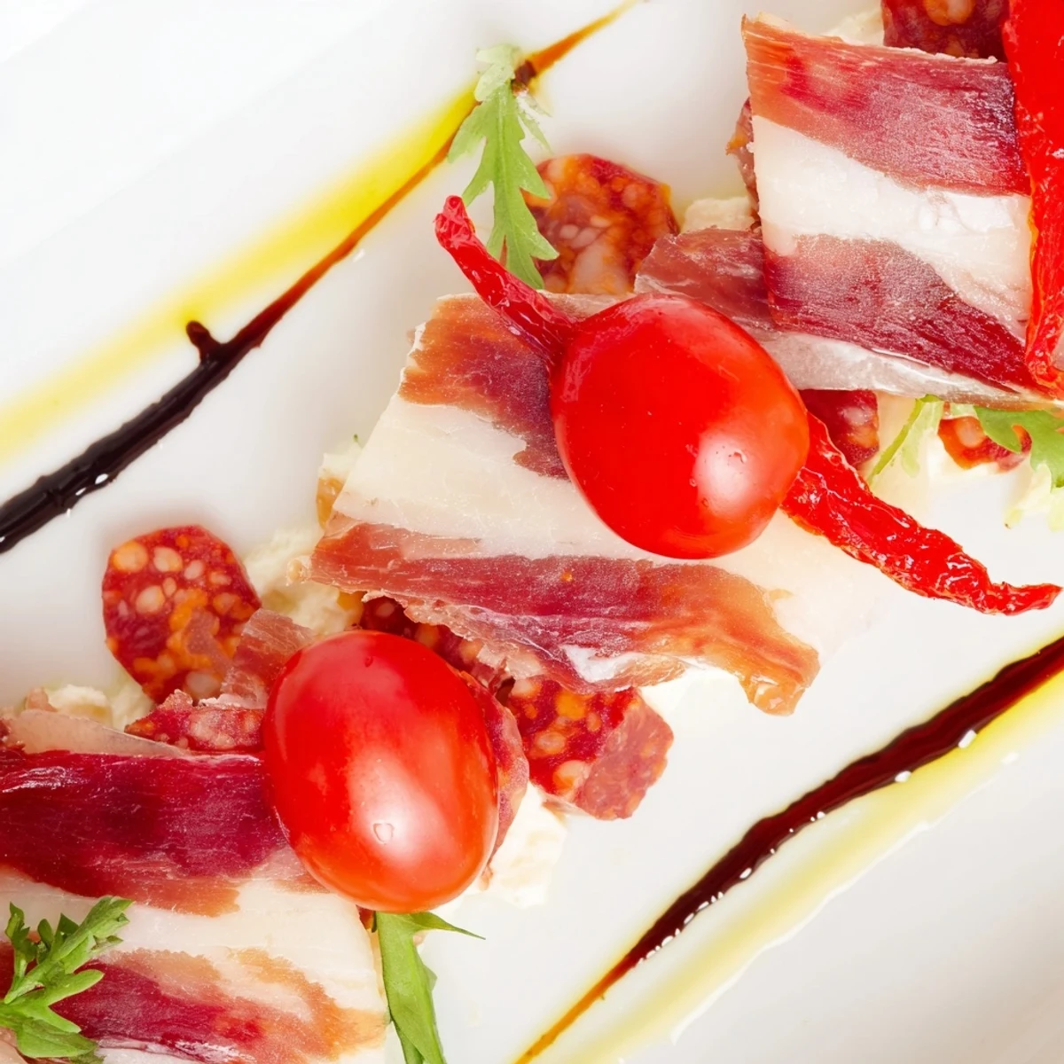 Crimson Tide appetizer with spicy chorizo, sweet cherries, and red peppers on white crackers.