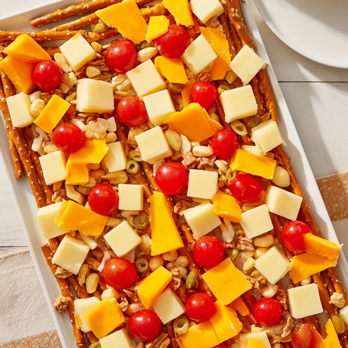 A visually appealing The Urban Grid, perfect for parties, with pretzel "streets" and assorted snack block ingredients.