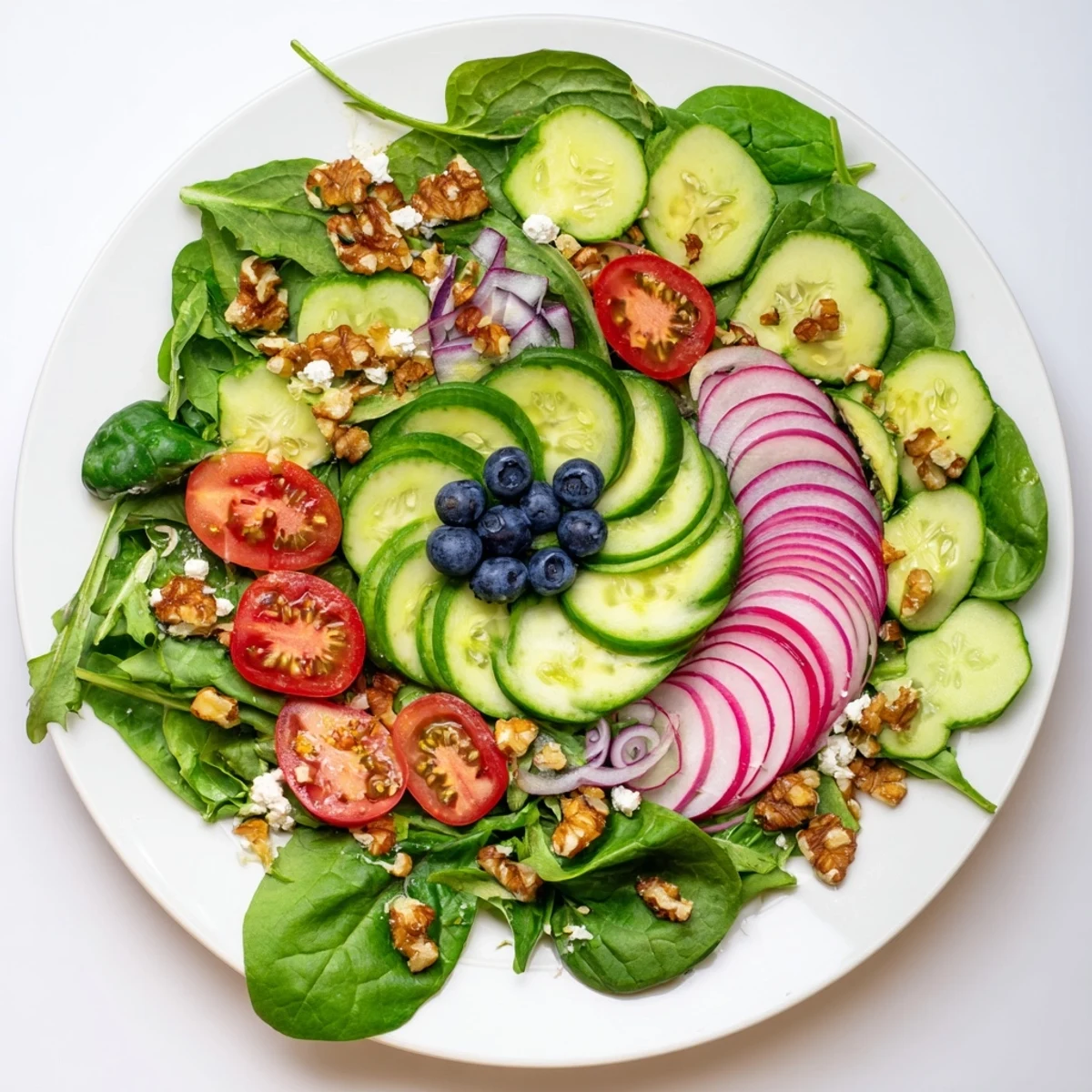 Vibrant Fibonacci Fan Salad with fresh greens, tomatoes, and creamy feta cheese, ready to enjoy.