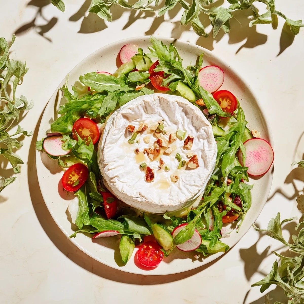 The Zenith Point salad features a dramatic cheese centerpiece surrounded by colorful, inviting fresh produce.