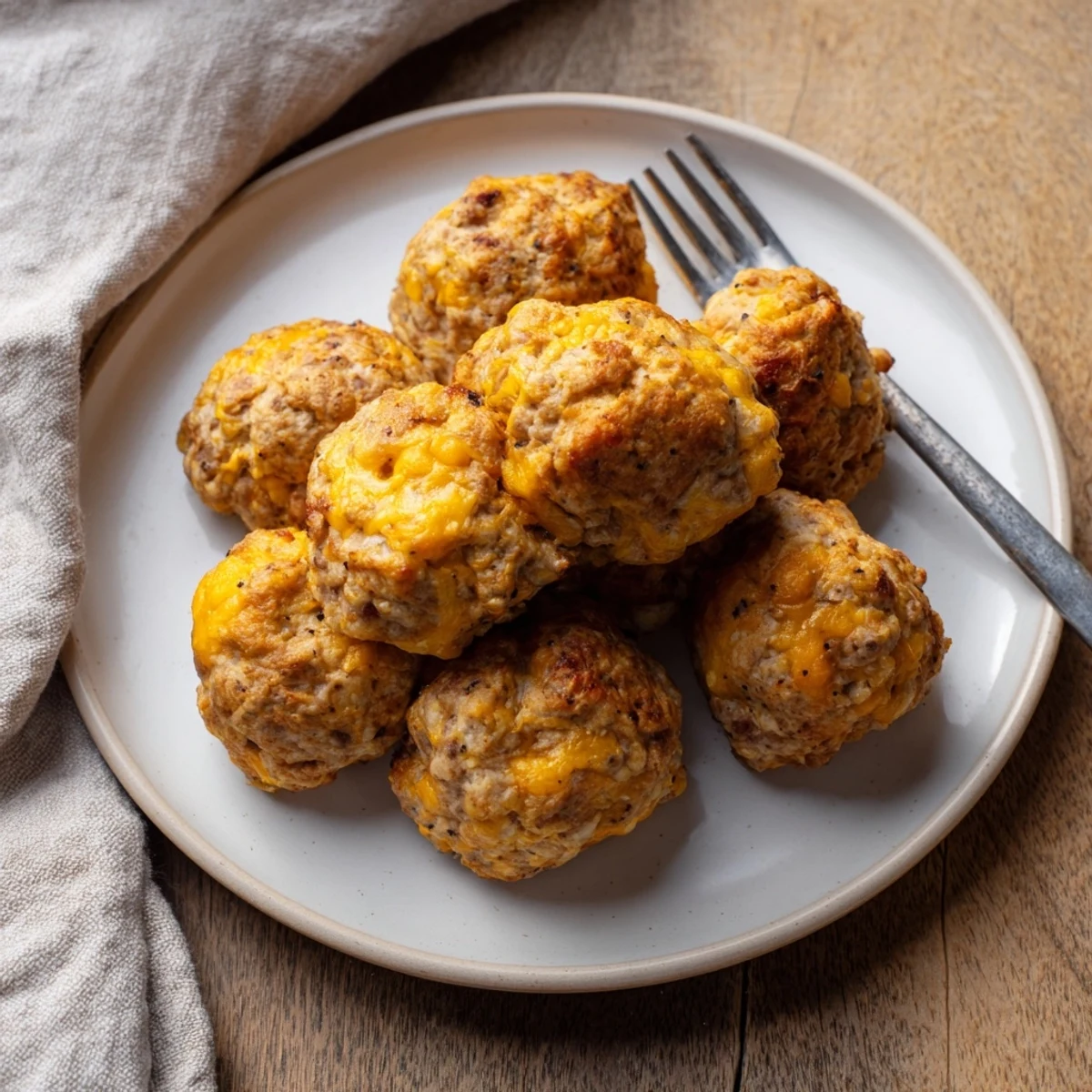 Golden-brown Chicken and Sausage Bisquick Balls, perfect for dipping, offer a warm, savory bite.