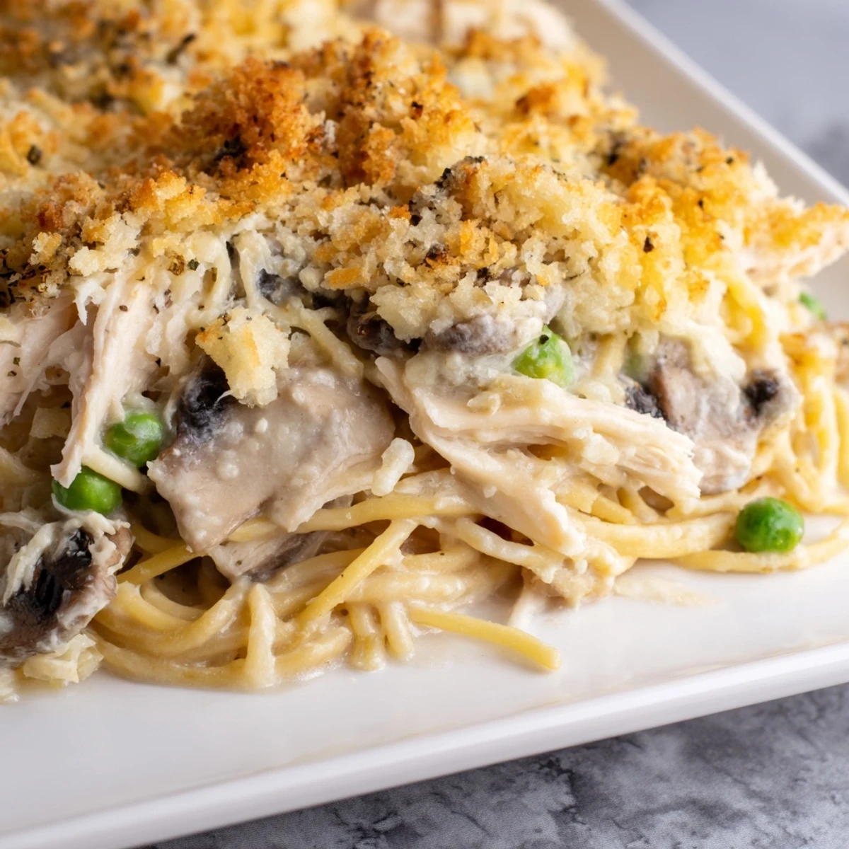 Golden-topped Turkey Tetrazzini with a creamy sauce, perfect for a cozy, delicious dinner.