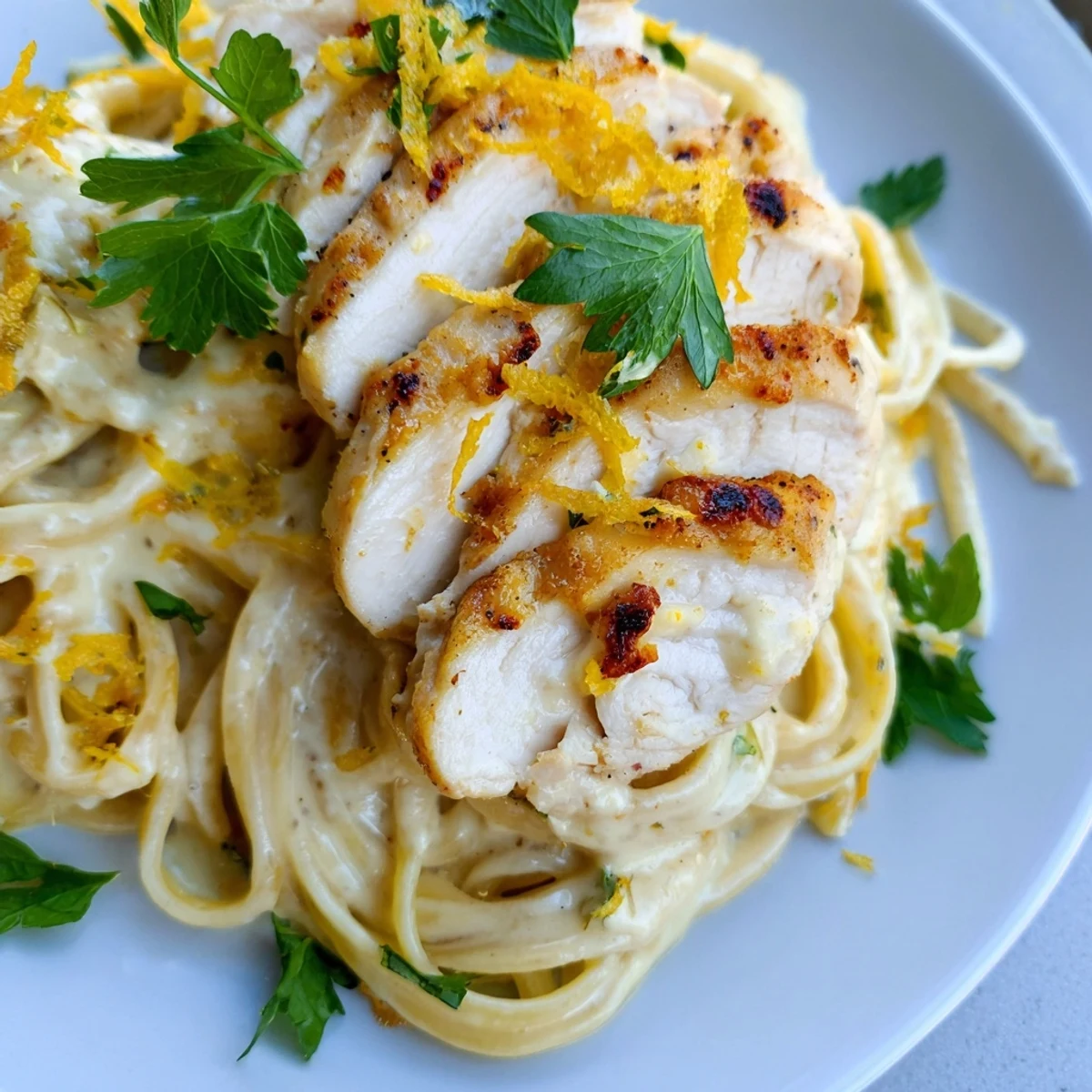 Tender pasta with lemon brûlée chicken offers a zesty, caramelized main course experience.