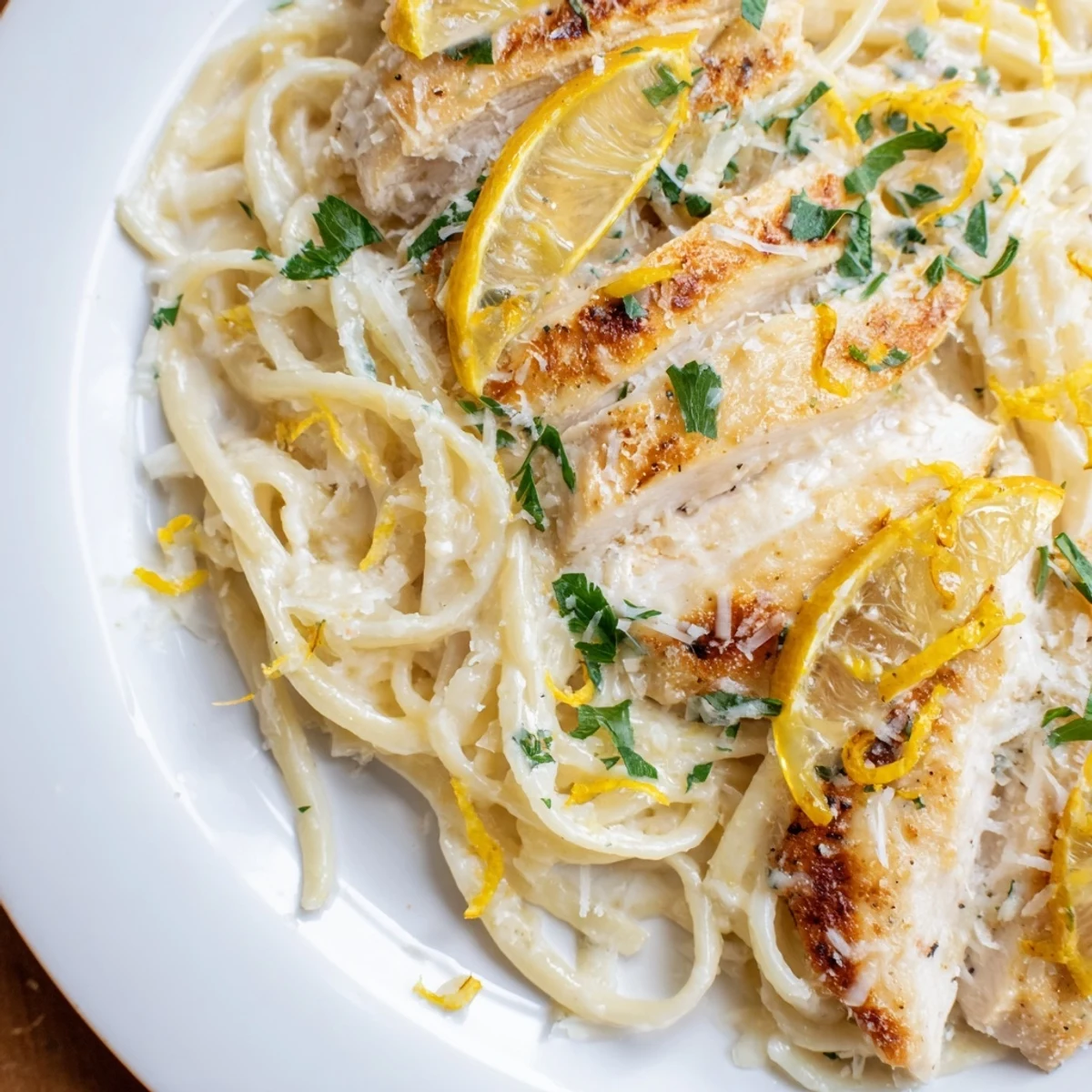 Close-up of pasta with lemon brûlée chicken, garnished beautifully, ready to eat.