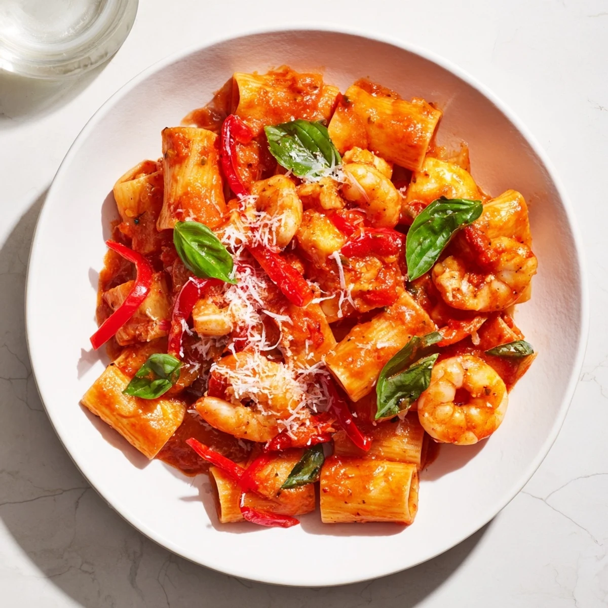One-Pot Diavola Pasta with shrimp, a fiery red dish with visible shrimp and pasta.