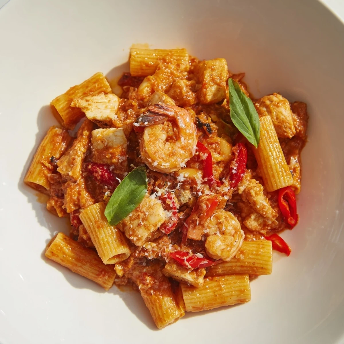 This flavorful One-Pot Diavola Pasta showcases shrimp nestled in a rich tomato sauce, ready to eat.