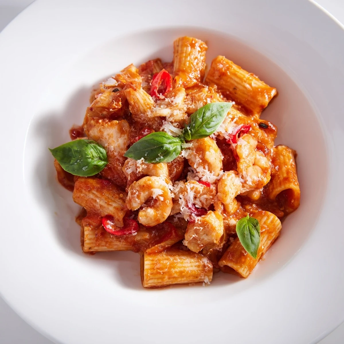 Golden-brown chicken and shrimp mingle in this steaming bowl of irresistible One-Pot Diavola Pasta.