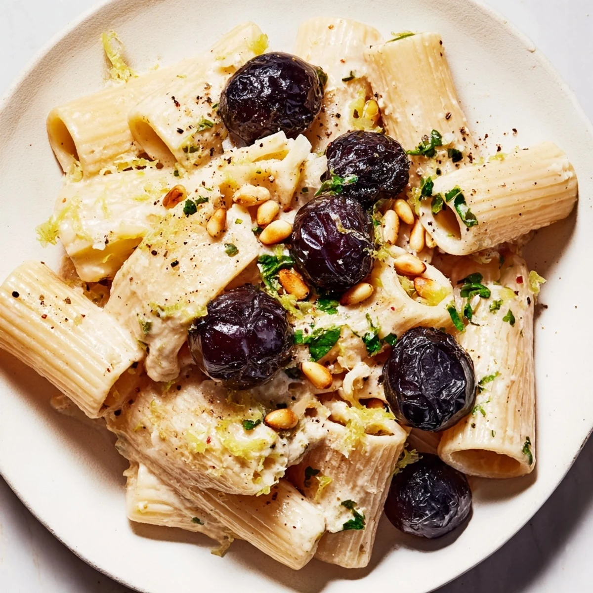 Pasta with Roasted Grapes and Ricotta, featuring soft, blistered grapes atop creamy pasta.