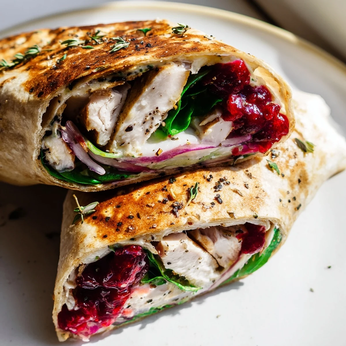 Warm Chicken and Brie Holiday Wrap, melty brie with grilled chicken and fresh spinach, ready to eat.