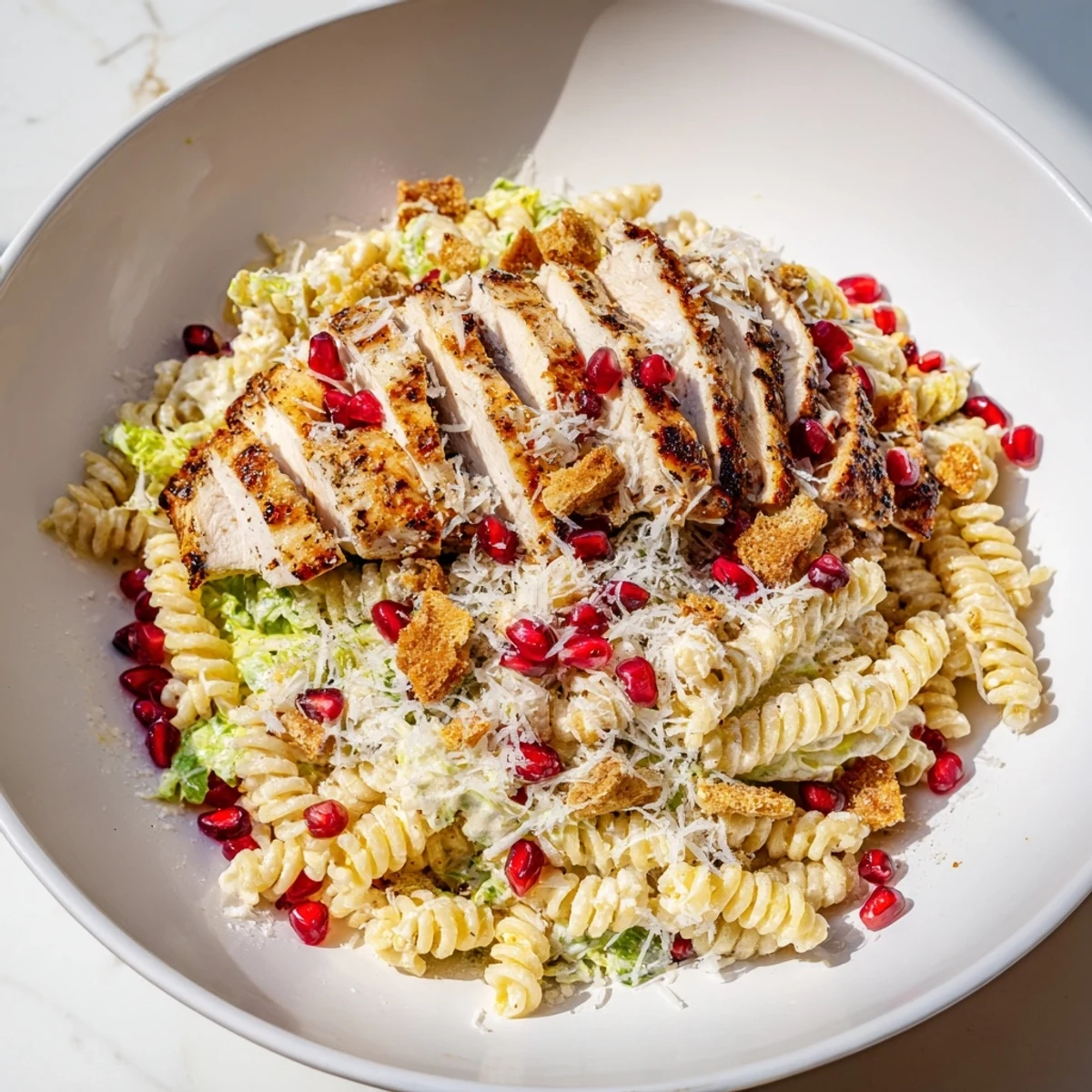 This refreshing Chicken Caesar Pasta with Pomegranate features tender chicken atop a bed of romaine lettuce.