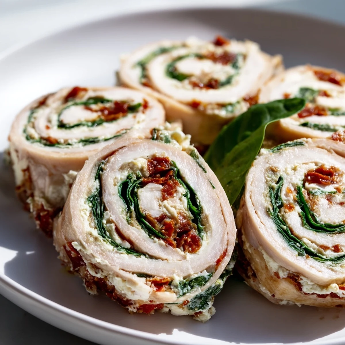 Vibrant sun-dried tomato turkey roll-ups, showcasing tender turkey and creamy filling, ready to eat.