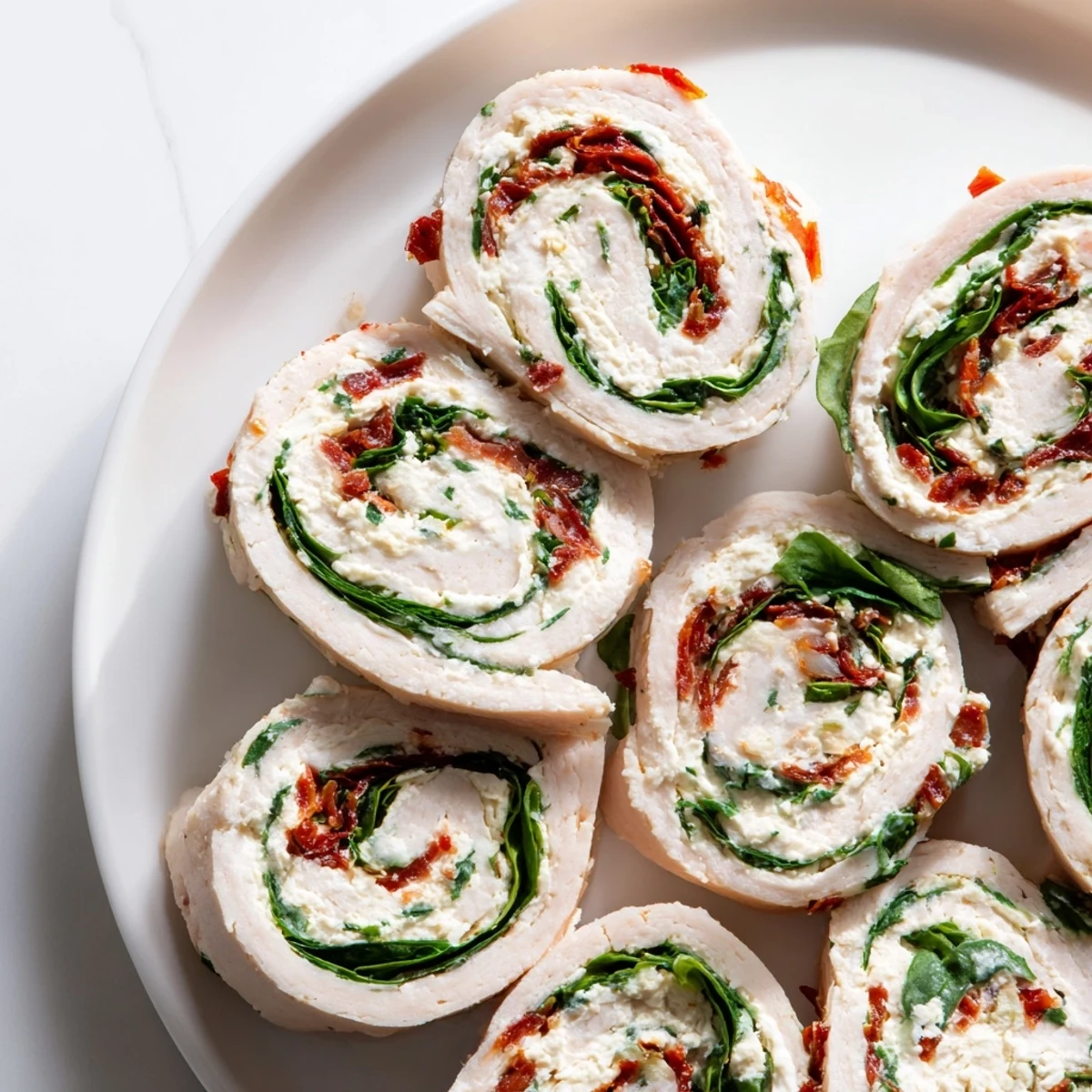A close-up of delicious sun-dried tomato turkey roll-ups, filled with fresh spinach and herbs, ideal for lunch.