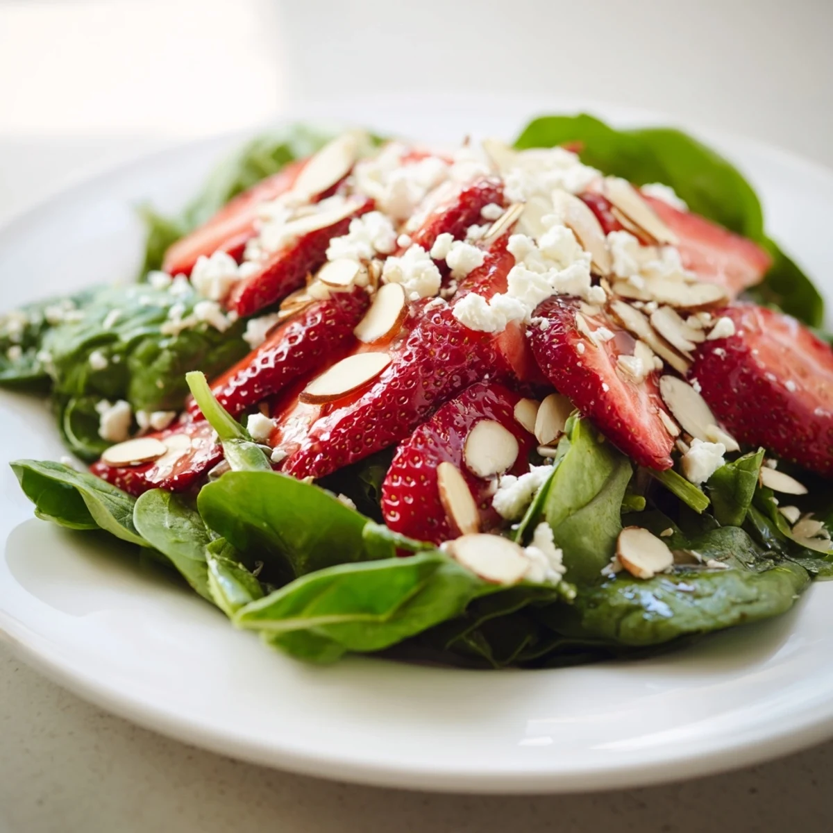 Fresh, colorful strawberry spinach salad with glistening balsamic dressing, ready to enjoy.